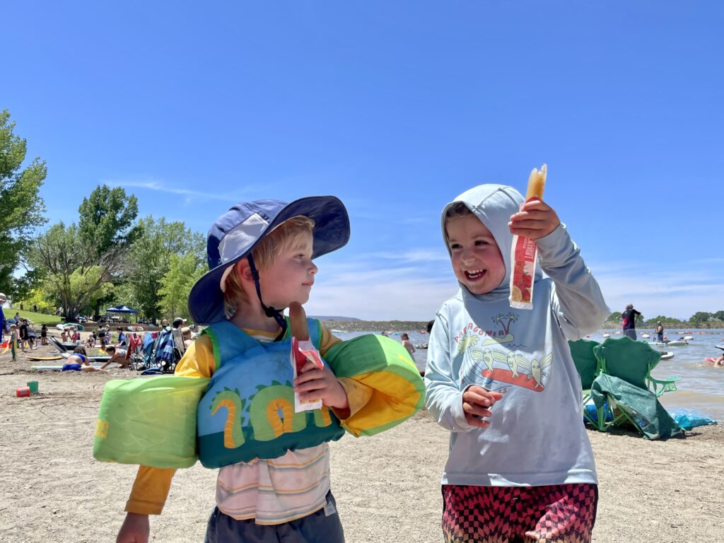 Two little boys enjoying popsicles at the lake.