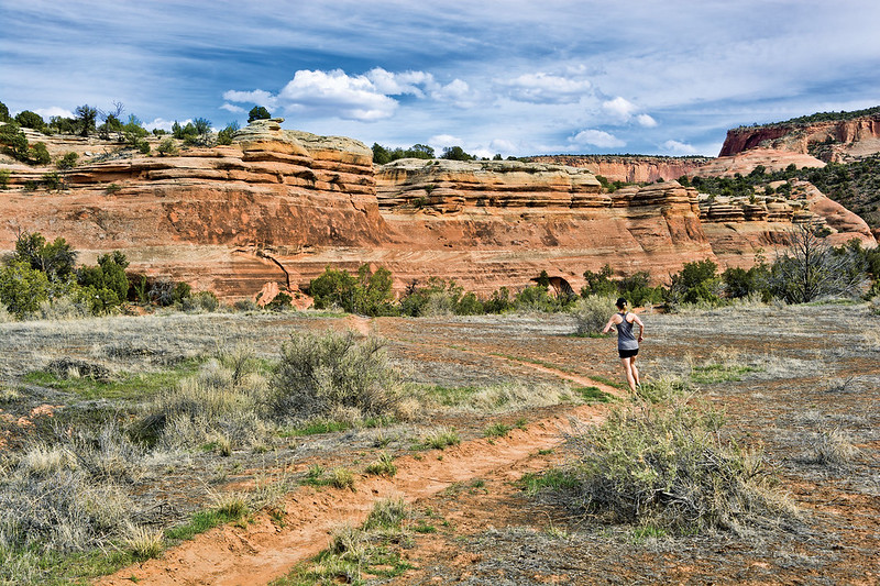 A woman runs on a trail.
