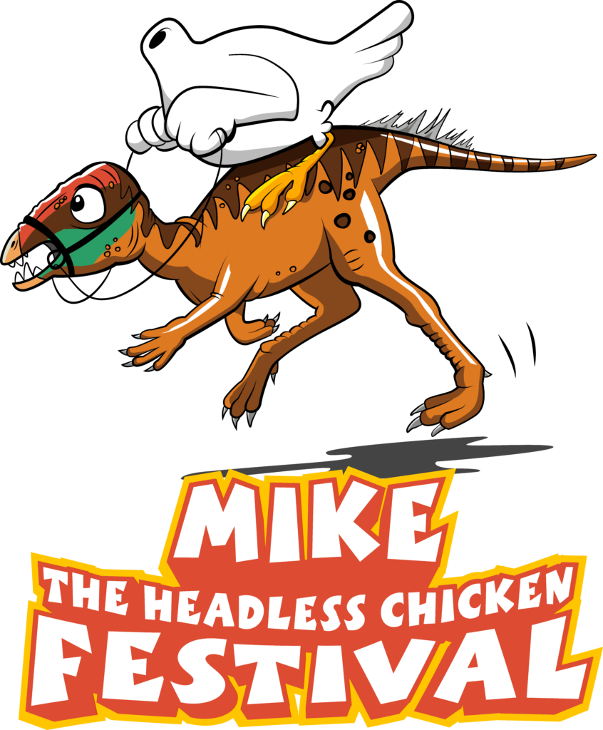 Headless chicken riding a dinosaur.