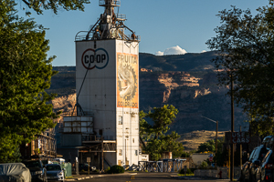 A picture of the tower with the Fruita logo and a dinosaur picture.