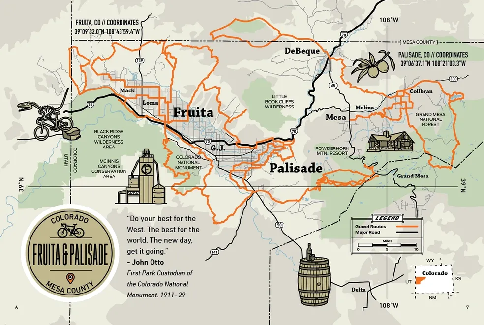 A map of the Grand Valley including gravel bike routes in Fruita, CO and Palisade, CO. 