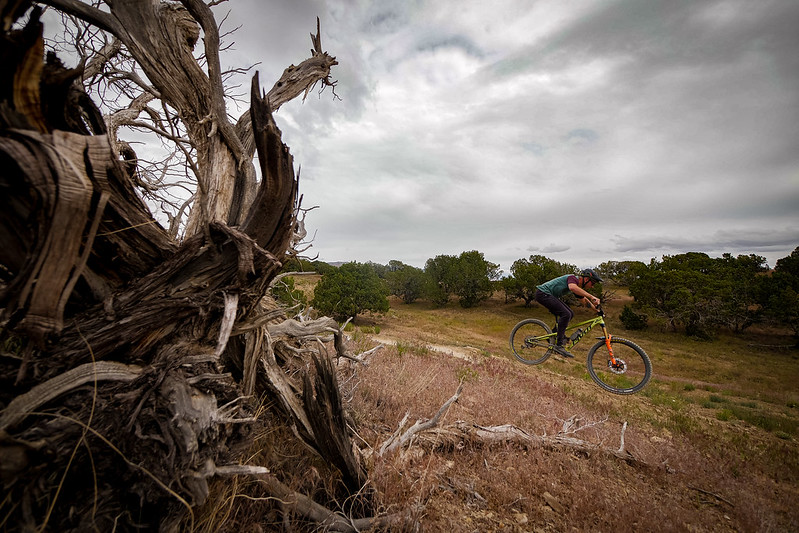 A man rides a mountain bike through the 18 Road trail.