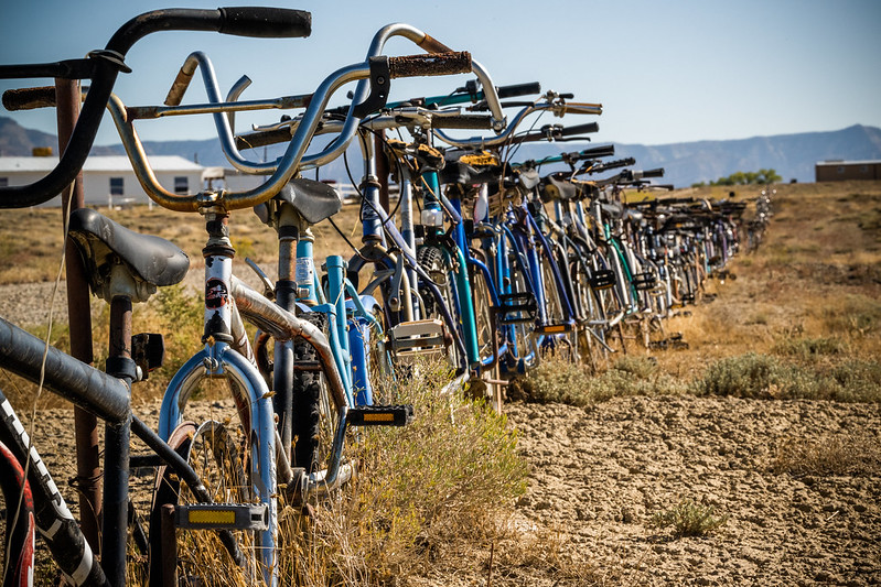 A row of bicycles lined up for the Fruita Fat Tire Fest