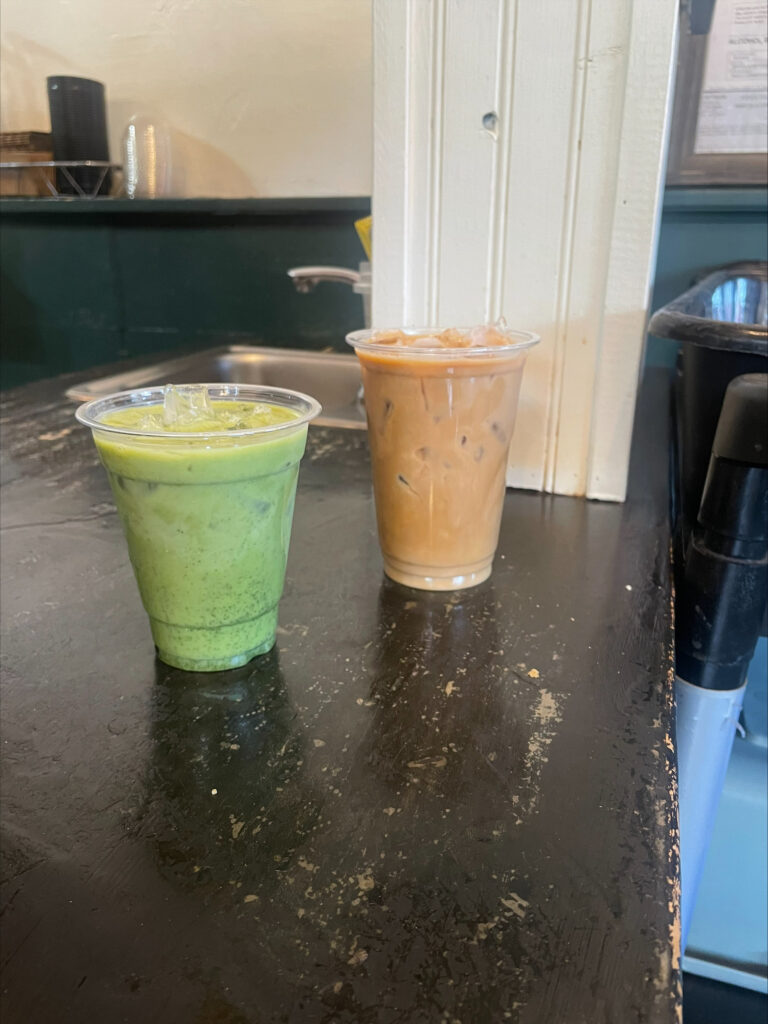 An iced matcha and iced chai from Aspen Street Coffee.
