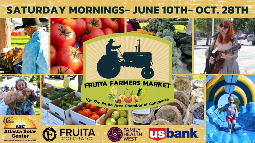 A banner showcasing Fruita's Farmer's Market, featuring vegetables and people enjoying the market.