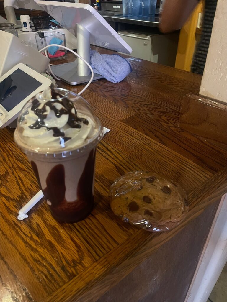 A mocha frappe and chocolate chip cookie from Camilla's Kaffe.