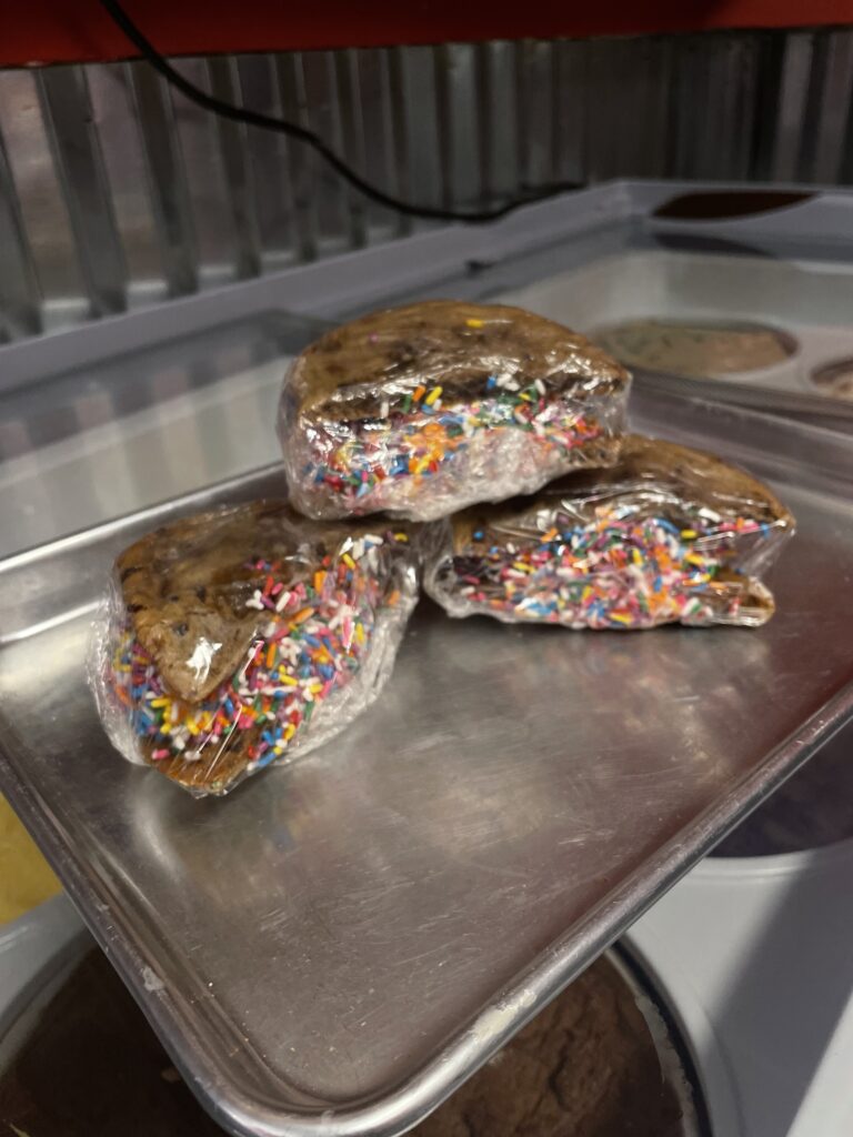 Cookie ice cream sandwiches with sprinkles from Mike's.