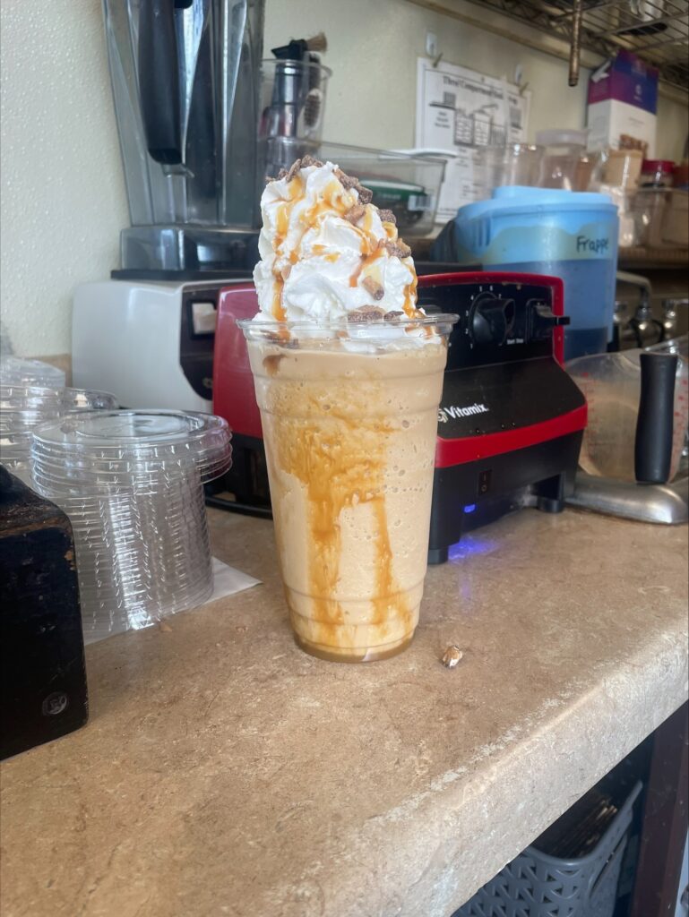 A Caramel Crunch frappe from Morning Mission Coffee.