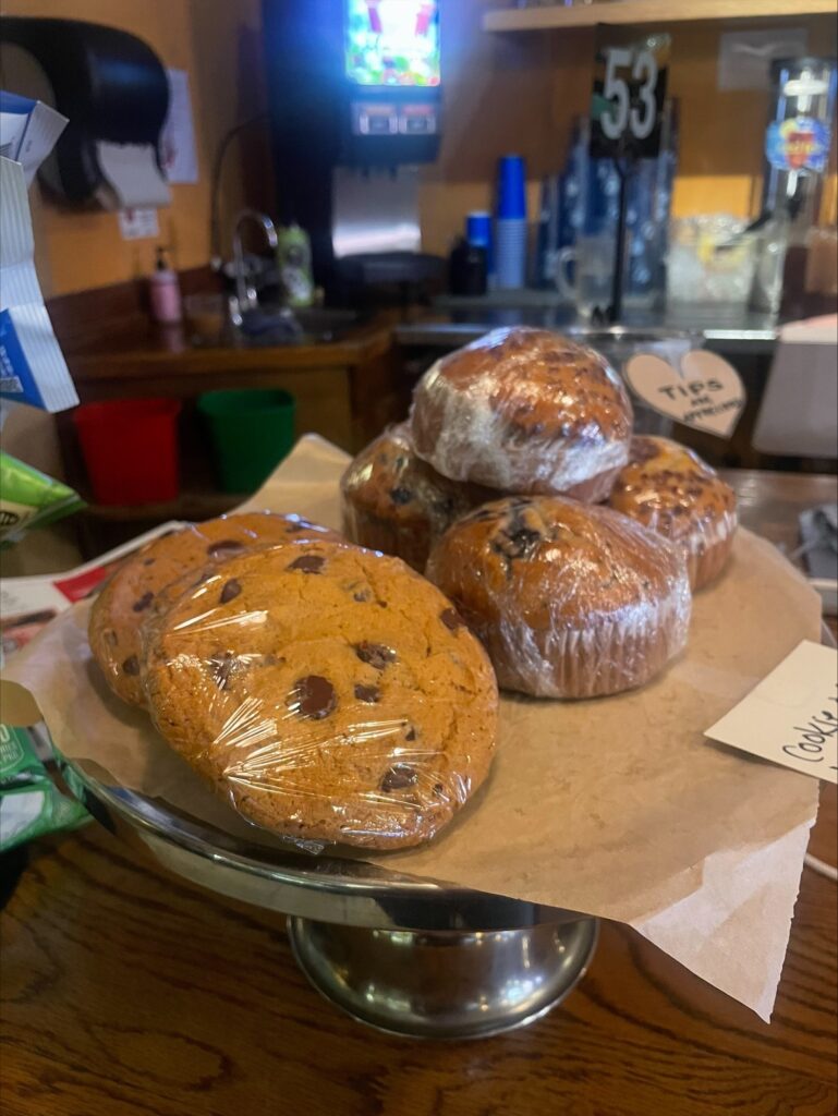 Chocolate chip cookies and blueberry muffins from Camilla's Kaffe.