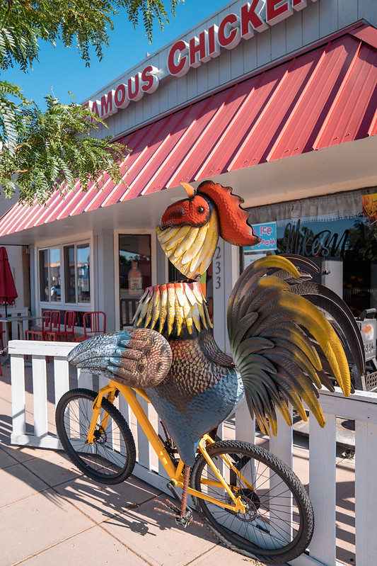 A headless chicken statue outside of Mike's Famous Chicken.