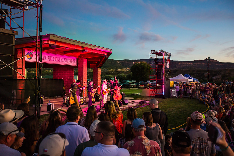 A band performs at one of the annual Riverfront concerts held in the Fruita Section of James M. Robb State Park.