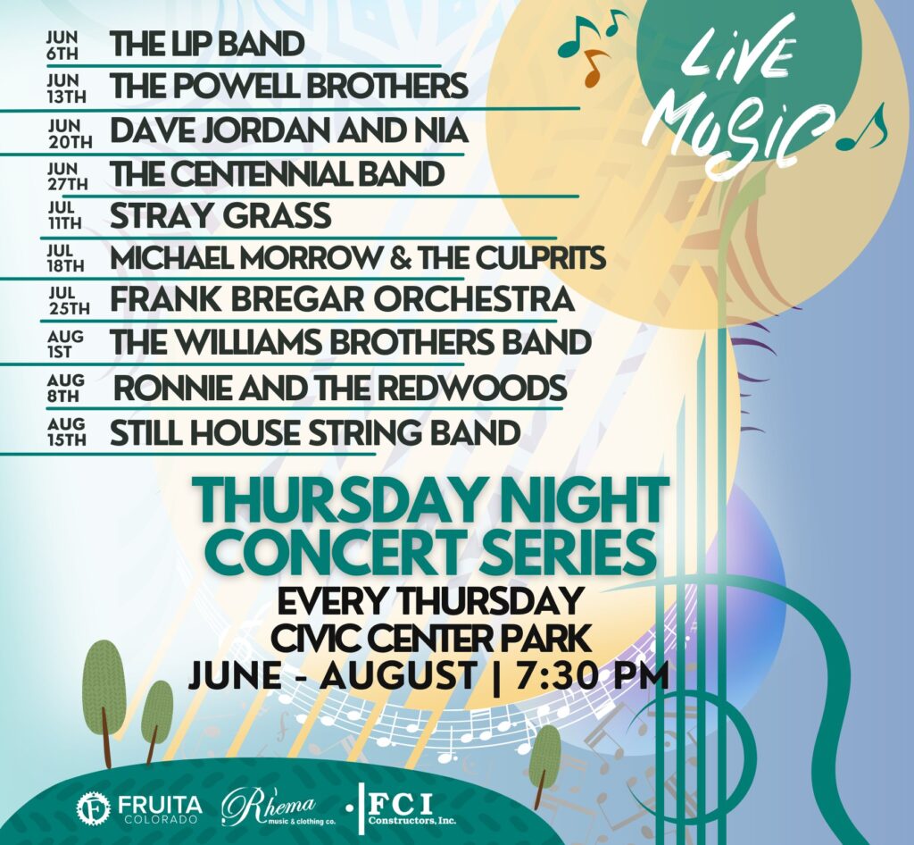 A poster with the schedule and bands for Thursday Night Concerts.