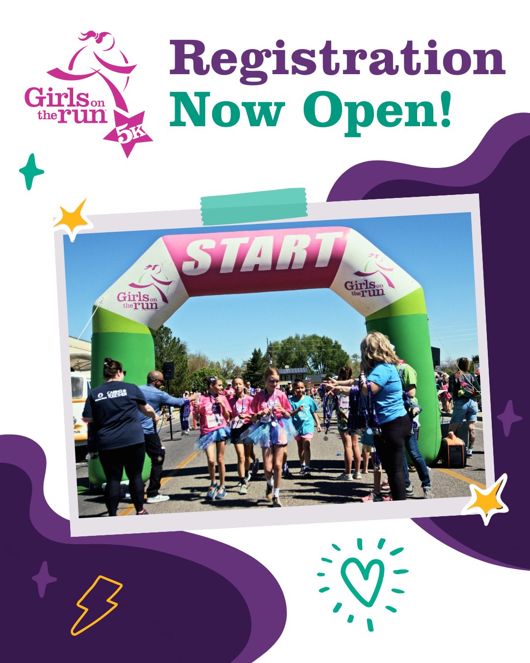A poster that says the Girls on the Run 5k registration is open.