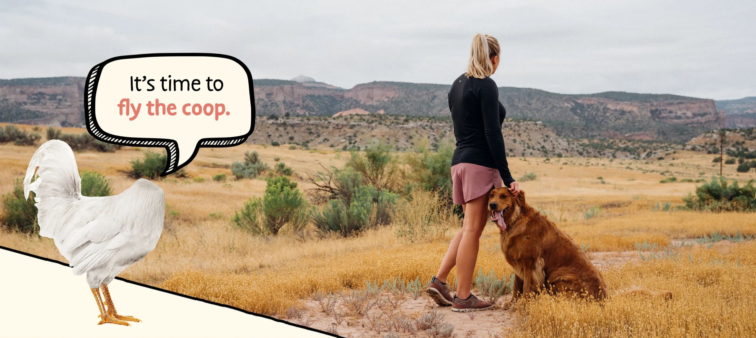 A woman pets a golden retriever dog while looking at mountains in the distance. Mike the Headless Chicken is in the foreground.